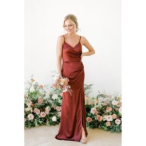 Revelry Rory Satin Terracotta Rust Faux Wrap Maxi Bridesmaid Dress Plus Size 26